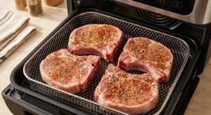 Seasoned raw pork chops arranged in air fryer basket before cooking