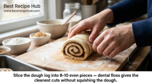 Slice the dough log into 8-10 even pieces — dental floss gives the cleanest cuts without squishing the dough