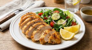 Sliced juicy air fryer chicken breast fanned out on a white plate showing moist interior, served alongside fresh green salad and lemon wedges for a healthy weeknight dinner