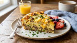 Sliced portion of easy breakfast casserole on a plate showing layered egg, cheese, and sausage