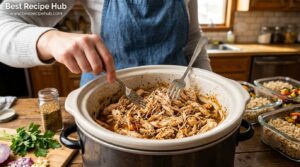 Slow cooker shredded chicken being prepared for high protein meal prep recipes