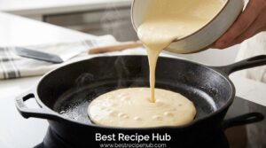 Step-by-step pancake batter being poured onto a hot skillet and cooking with bubbles forming