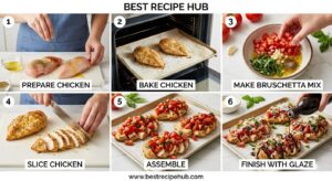 Step by step preparation of baked chicken bruschetta with seasoned chicken tomatoes garlic basil and balsamic glaze