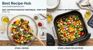 Step-by-step process of seasoning and preparing air fryer vegetables in a bowl before placing in air fryer basket