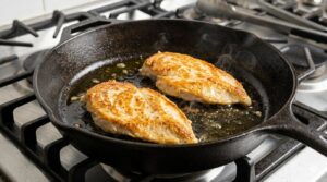 Two golden-brown chicken piccata cutlets searing in a cast-iron skillet over medium-high heat with olive oil