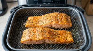 Two seasoned salmon fillets in air fryer basket skin-side down showing spice rub