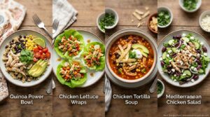 Variety of healthy rotisserie chicken recipes including quinoa bowl, lettuce wraps, and soup
