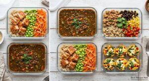 Weekly high protein meal prep spread with six glass containers filled with salmon bowls, egg muffins, lentil soup, and turkey quinoa bowls