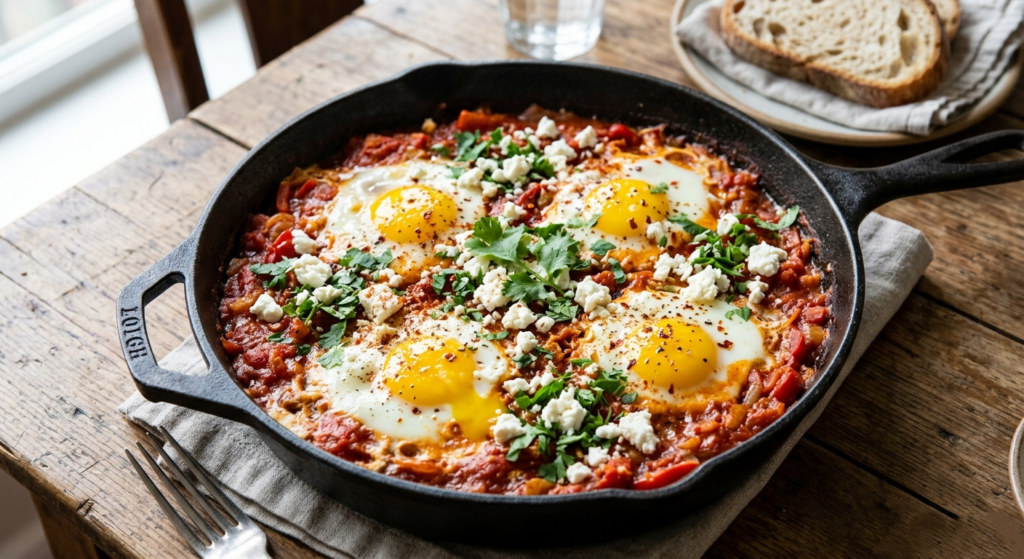 cast iron skillet with runny yolks, crumbled feta, and fresh herbs