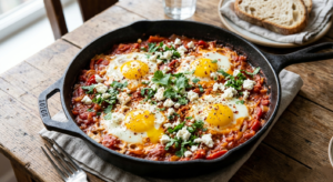 cast iron skillet with runny yolks, crumbled feta, and fresh herbs