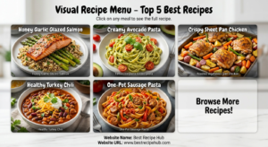 five finished meals plated attractively
