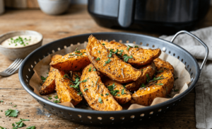 golden, crispy sweet potato wedges fresh out of the air fryer basket