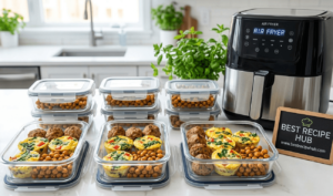 multiple air fryer dishes (turkey meatballs, egg cups, chickpeas) portioned into containers