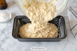Beer bread batter being poured into a loaf pan before baking