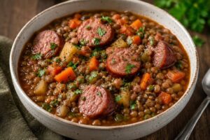 Bowl of kielbasa and lentil stew garnished with fresh herbs