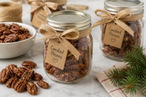 Candied pecans packaged in mason jars as homemade gifts