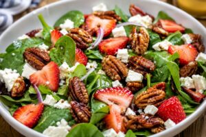 Candied pecans recipe topped over a spinach strawberry salad