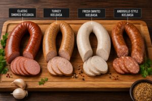 Comparison of different kielbasa sausage varieties on a wooden cutting board