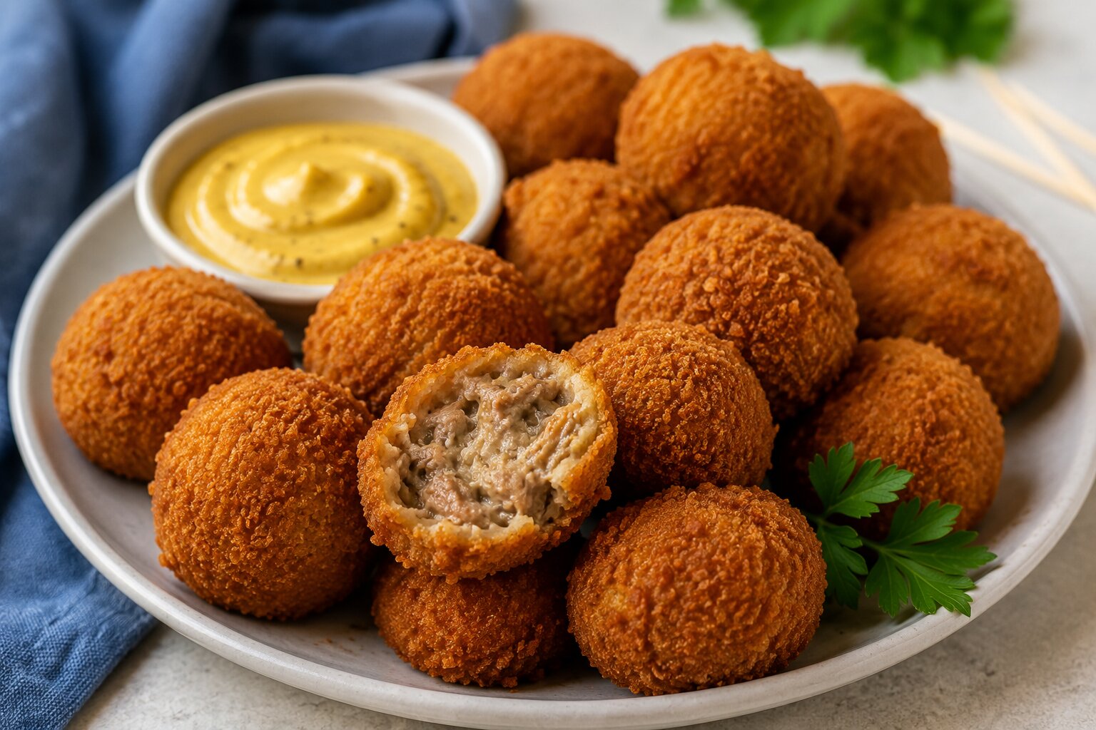 Crispy golden Dutch bitterballen snacks served with mustard dipping sauce