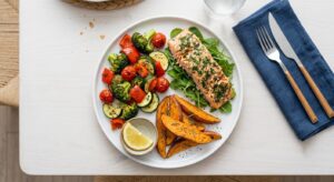 One-pan salmon dinner with roasted broccoli, bell peppers, and sweet potato cubes
