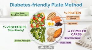 Diagram of the diabetes plate method showing balanced portions of vegetables, protein, and whole grains
