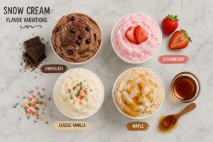 A row of bowls showing chocolate, strawberry, maple, and plain snow cream variations