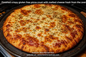 Finished crispy gluten free pizza crust with melted cheese fresh from the oven