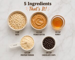 Five ingredients for protein balls recipe oats, peanut butter, honey, protein powder, and chocolate chips