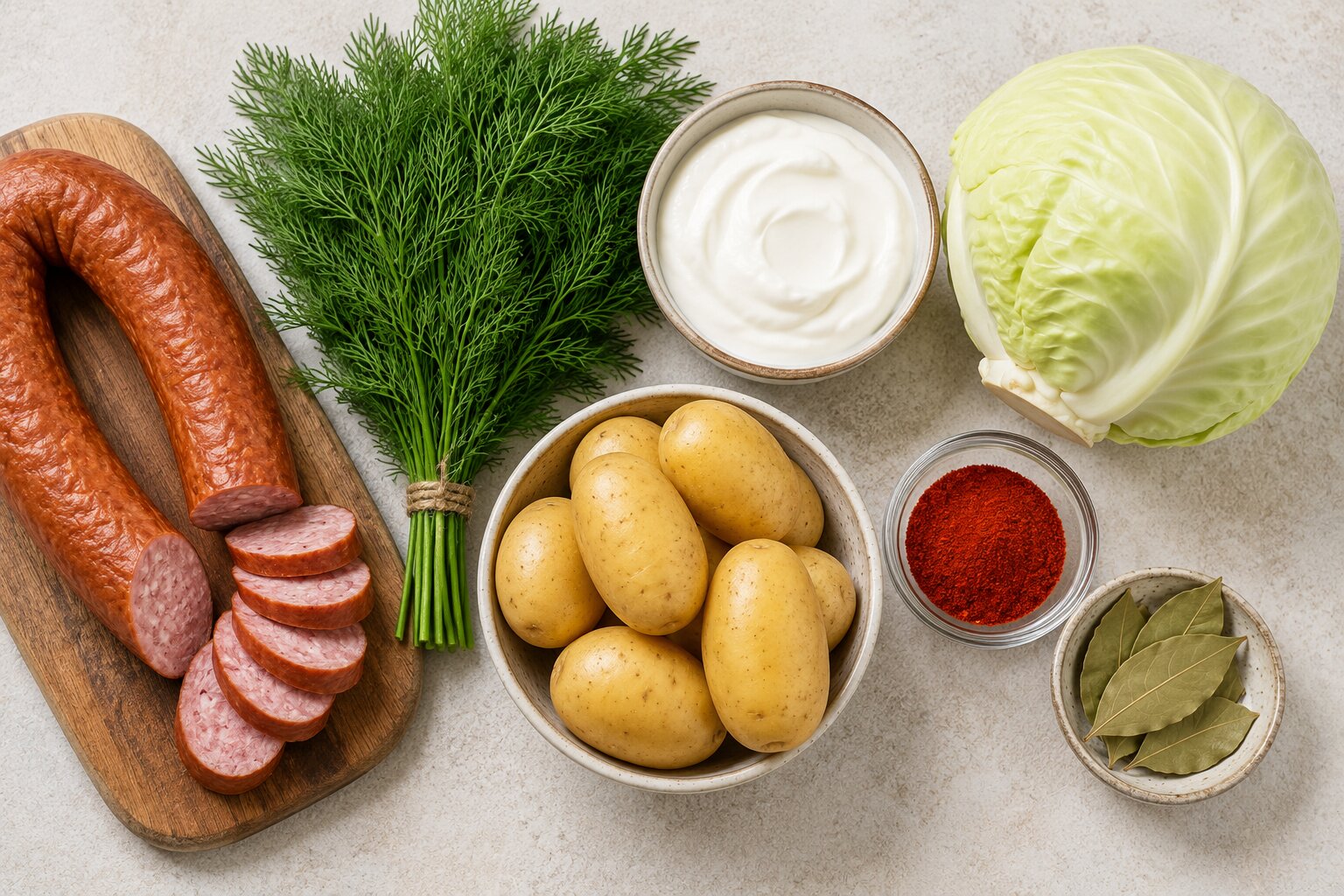 Flat lay of Polish pantry staples including kielbasa, dill, sour cream, cabbage, potatoes, and paprika for easy Polish recipes