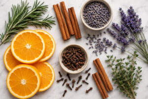Flat lay of simmer pot ingredients including orange slices, cinnamon sticks, cloves, rosemary, and lavender buds