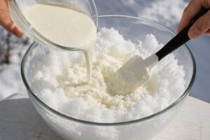 Gently folding the milk-sugar-vanilla mixture into a bowl of fresh snow for snow cream