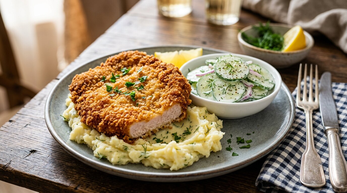 Golden crispy kotlet schabowy Polish breaded pork cutlet served with mashed potatoes and cucumber salad