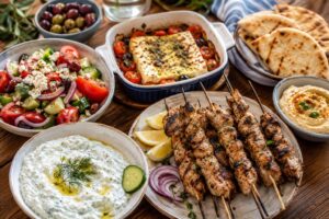 Greek mezze spread on a table featuring tzatziki, Greek salad, grilled souvlaki skewers, and baked feta with warm pita bread