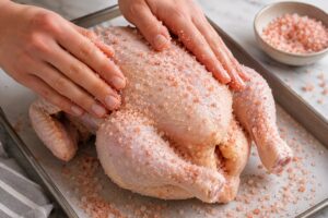 Hands rubbing coarse Himalayan pink salt onto a whole chicken for dry brining