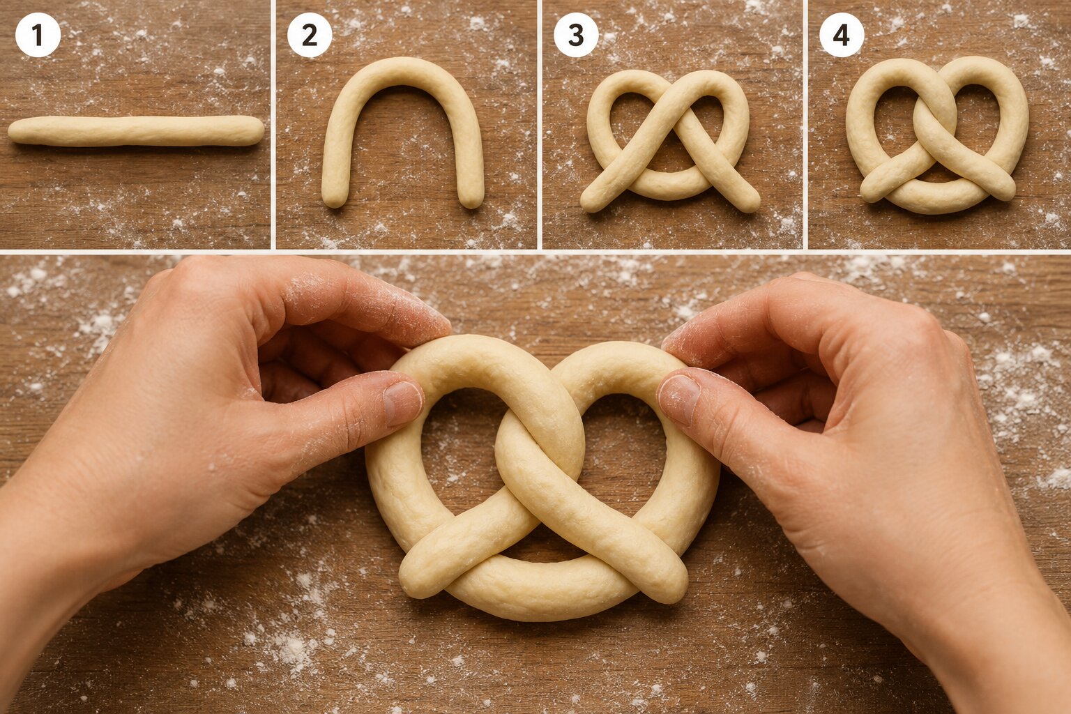Hands shaping pretzel dough into the classic twist on a floured wooden surface