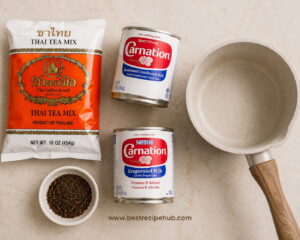 Ingredients for Thai tea including tea mix, condensed milk, and evaporated milk