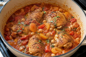 Moroccan chicken simmering in a Dutch oven with chickpeas, tomatoes, and dried apricots