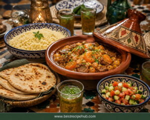 Moroccan meal spread with tagine, couscous, flatbread, and mint tea on a dinner table