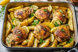One-pan Greek lemon chicken thighs and roasted potato wedges garnished with fresh oregano in a baking dish