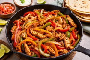 One-pan chicken fajita skillet with bell peppers, onions, and warm tortillas