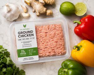 Raw ground chicken package with garlic, ginger, lime, and bell peppers