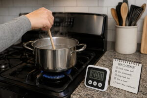 Person checking water level in a simmering pot on the stove with a kitchen timer nearby