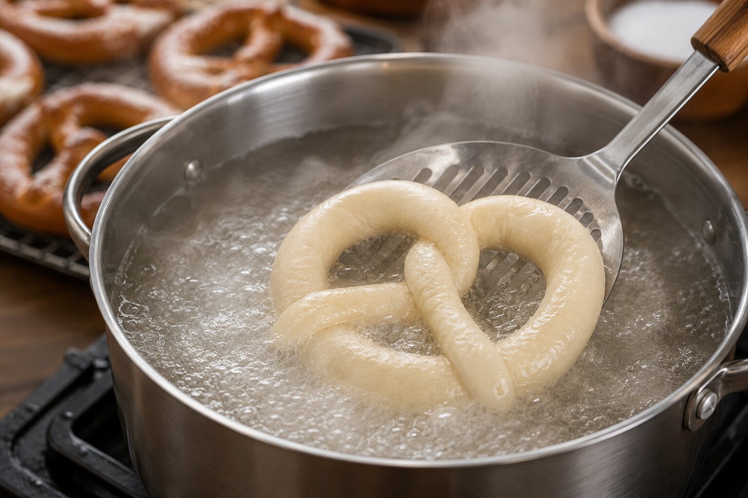 Pretzel dough being dipped into a boiling baking soda bath before baking