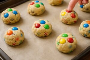 Raw M&M cookie dough balls on a baking sheet with M&M candies pressed into the tops before baking