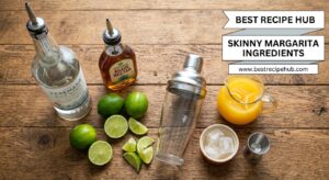 Skinny margarita ingredients including silver tequila, fresh limes, orange juice, and agave nectar