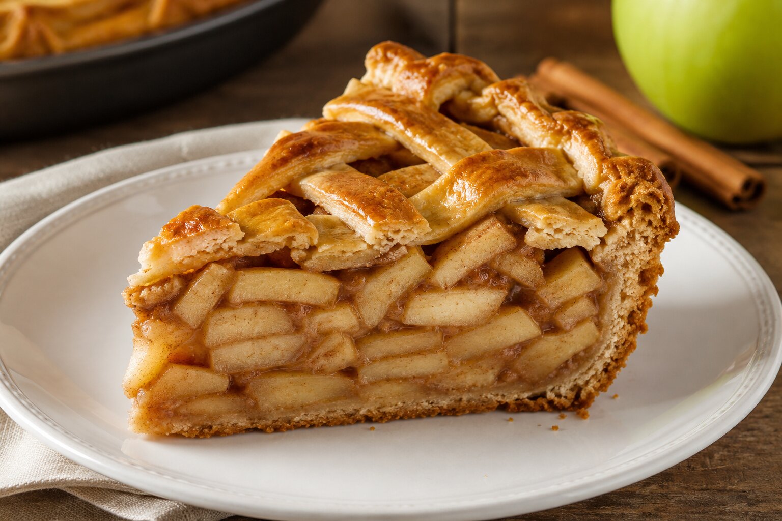 Slice of traditional Dutch appeltaart with lattice crust and cinnamon-spiced apple filling