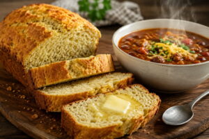 Sliced beer bread served warm with butter next to a bowl of soup