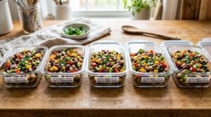 Weekly meal prep containers filled with individual servings of dense bean salad ready for the fridge