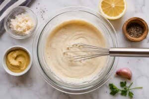 Whisking homemade horseradish sauce with sour cream and Dijon mustard in a glass bowl