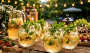 White sangria served at a summer outdoor party with mint garnish and string lights